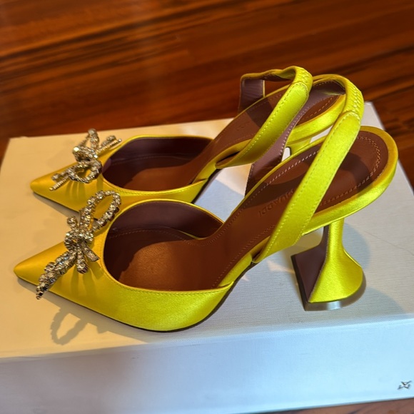 Amina Muaddi Yellow Satin Rosie Slingback Heels 95mm - Picture 2 of 11